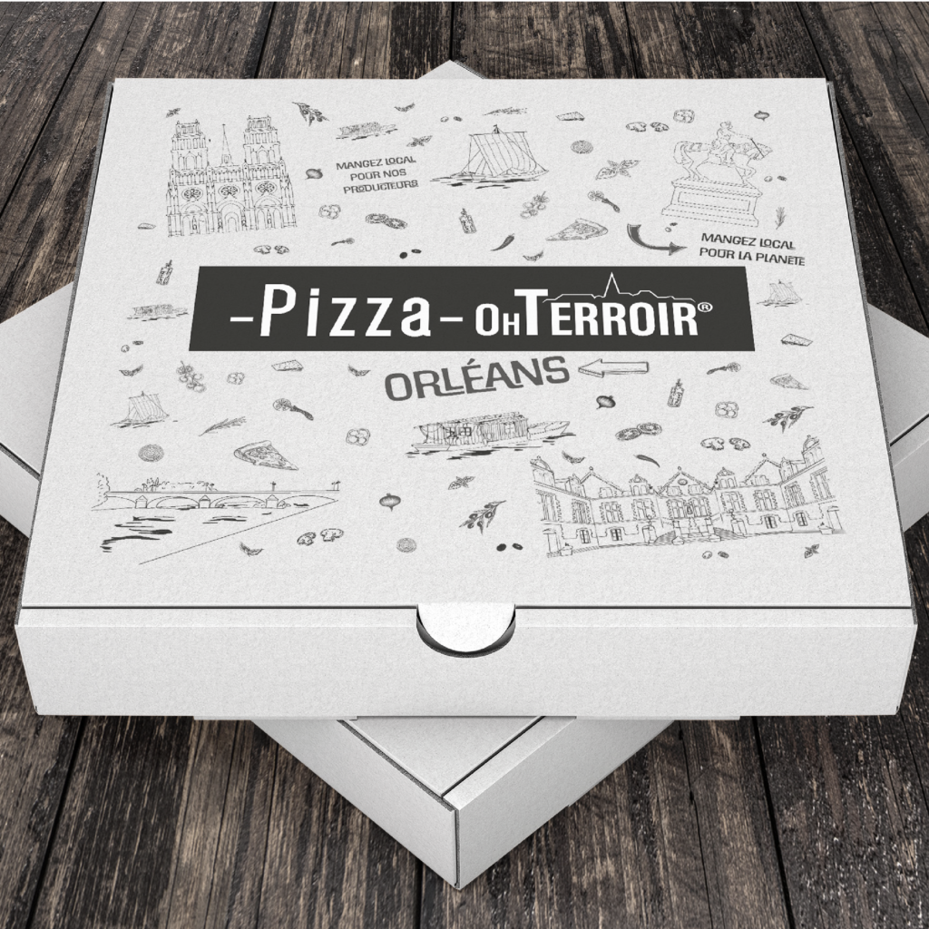 Boite de pizza de la marque Oh Terroire à Orléans, ornée d'illustrations réallisées par Louise Bousser et représentant la ville