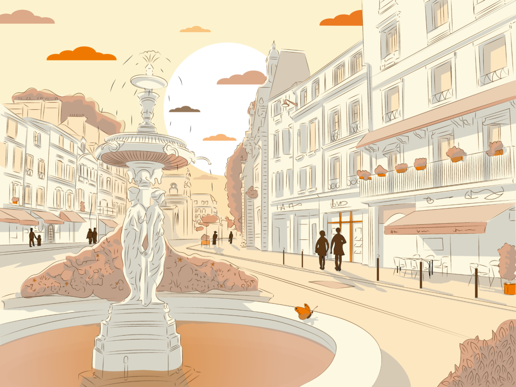 Oeuvre originale de Louise Bousser représentant la Place du jet d'eau à Fontainebleau